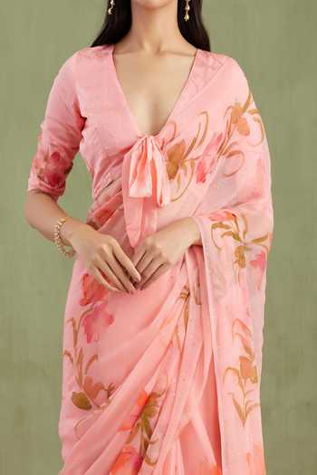 Shop_Geroo Jaipur_Pink Chiffon V-neck Handpainted Pre-draped Saree And Blouse Set _Online_at_Aza_Fashions