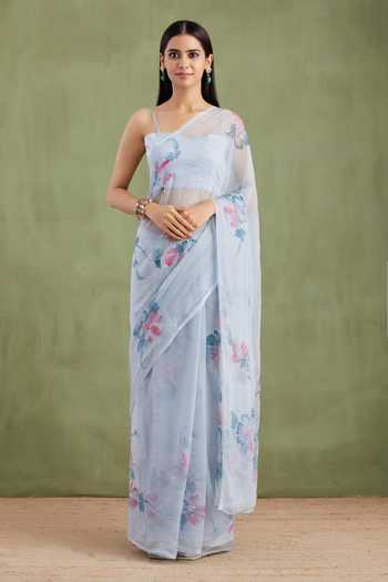 Geroo Jaipur_Sky Blue Chiffon Sweetheart Neck Handpainted Floral Pre-draped Saree With Blouse _Online_at_Aza_Fashions