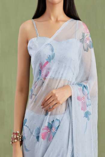 Buy_Geroo Jaipur_Sky Blue Chiffon Sweetheart Neck Handpainted Floral Pre-draped Saree With Blouse _Online_at_Aza_Fashions