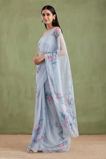 Shop_Geroo Jaipur_Sky Blue Chiffon Sweetheart Neck Handpainted Floral Pre-draped Saree With Blouse _Online_at_Aza_Fashions