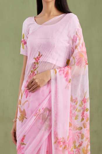 Buy_Geroo Jaipur_Pink Chiffon Round Neck Handpainted Pre-draped Saree With Blouse _Online_at_Aza_Fashions
