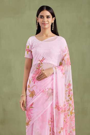 Geroo Jaipur_Pink Chiffon Round Neck Handpainted Pre-draped Saree With Blouse _at_Aza_Fashions
