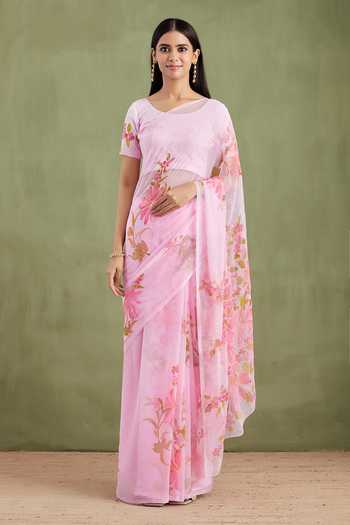 Buy_Geroo Jaipur_Pink Chiffon Round Neck Handpainted Pre-draped Saree With Blouse 