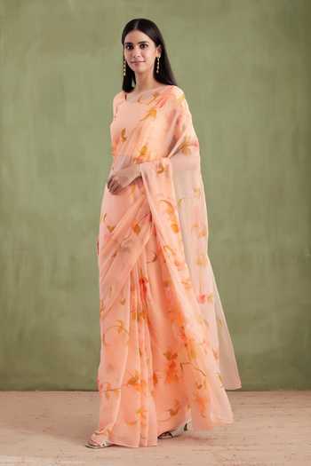Geroo Jaipur_Peach Chiffon Round Neck Handpainted Pre-draped Saree With Blouse _Online_at_Aza_Fashions
