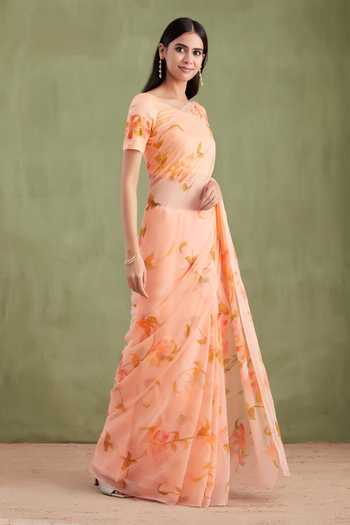 Shop_Geroo Jaipur_Peach Chiffon Round Neck Handpainted Pre-draped Saree With Blouse _Online_at_Aza_Fashions