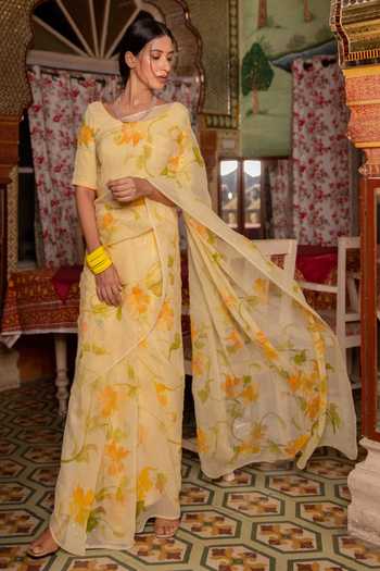 Buy_Geroo Jaipur_Yellow Chiffon Round Neck Handpainted Draped Saree With Blouse _Online_at_Aza_Fashions