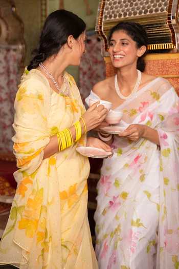 Shop_Geroo Jaipur_Yellow Chiffon Round Neck Handpainted Draped Saree With Blouse _Online_at_Aza_Fashions