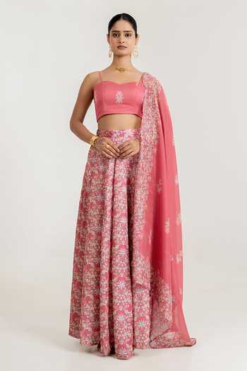 Pasha India_Pink Satin Square Neck Floral Print Lehenga Set _at_Aza_Fashions