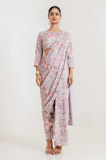 Pasha India_White Satin Round Neck Garden Print Dhoti Pant Saree With Blouse _Online_at_Aza_Fashions