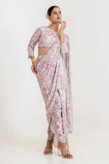 Buy_Pasha India_White Satin Round Neck Garden Print Dhoti Pant Saree With Blouse _Online_at_Aza_Fashions