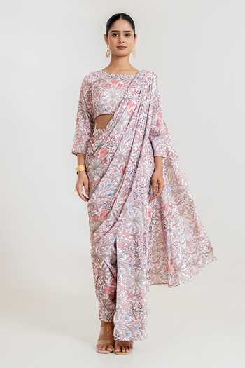 Shop_Pasha India_White Satin Round Neck Garden Print Dhoti Pant Saree With Blouse _Online_at_Aza_Fashions