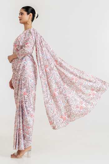 Pasha India_White Satin Round Neck Garden Print Dhoti Pant Saree With Blouse _at_Aza_Fashions