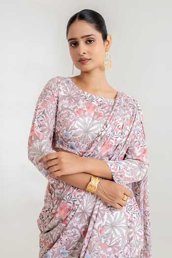 Buy_Pasha India_White Satin Round Neck Garden Print Dhoti Pant Saree With Blouse 