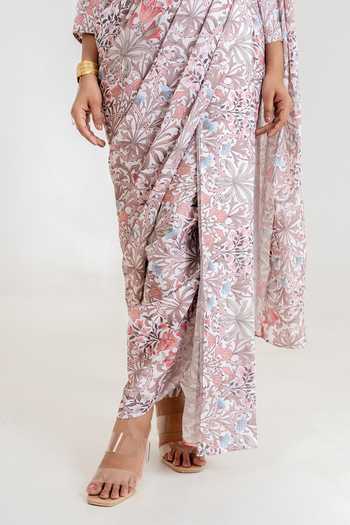 Shop_Pasha India_White Satin Round Neck Garden Print Dhoti Pant Saree With Blouse 