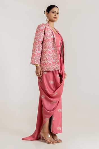 Pasha India_Pink Satin Dusty Rose Printed Draped Saree Gown With Blazer _Online_at_Aza_Fashions