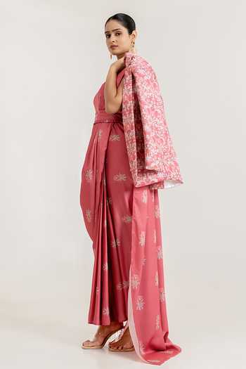 Buy_Pasha India_Pink Satin Dusty Rose Printed Draped Saree Gown With Blazer _Online_at_Aza_Fashions