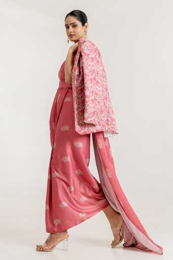 Shop_Pasha India_Pink Satin Dusty Rose Printed Draped Saree Gown With Blazer _Online_at_Aza_Fashions