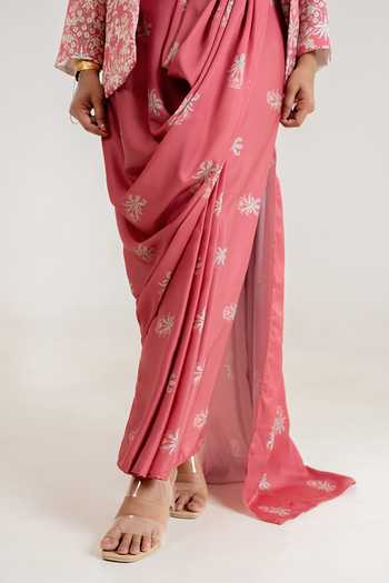 Pasha India_Pink Satin Dusty Rose Printed Draped Saree Gown With Blazer _at_Aza_Fashions