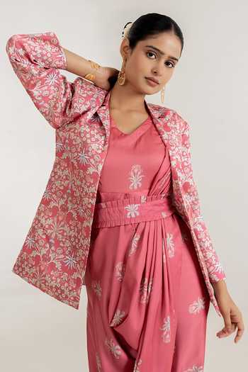 Buy_Pasha India_Pink Satin Dusty Rose Printed Draped Saree Gown With Blazer 