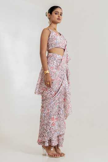 Pasha India_White Satin V-neck Garden Print Pre-draped Saree With Blouse _Online_at_Aza_Fashions