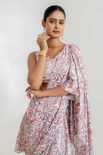 Pasha India_White Satin V-neck Garden Print Pre-draped Saree With Blouse _at_Aza_Fashions