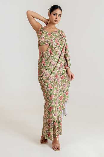 Buy_Pasha India_Green Satin V-neck Tiered Printed Pre-draped Saree And Blouse Set _Online_at_Aza_Fashions
