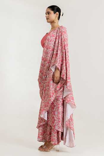 Pasha India_Pink Satin V-neck Floral Print Pre-draped Saree With Blouse _Online_at_Aza_Fashions