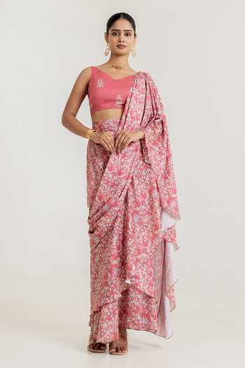 Buy_Pasha India_Pink Satin V-neck Floral Print Pre-draped Saree With Blouse _Online_at_Aza_Fashions