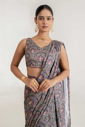 Pasha India_Black Satin V-neck Botanical Print Draped Saree With Blouse _Online_at_Aza_Fashions