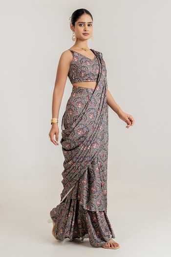 Buy_Pasha India_Black Satin V-neck Botanical Print Draped Saree With Blouse _Online_at_Aza_Fashions