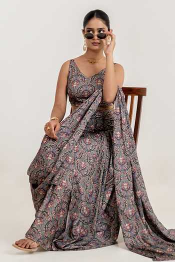 Shop_Pasha India_Black Satin V-neck Botanical Print Draped Saree With Blouse _Online_at_Aza_Fashions