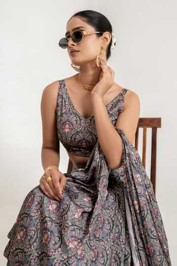 Pasha India_Black Satin V-neck Botanical Print Draped Saree With Blouse _at_Aza_Fashions