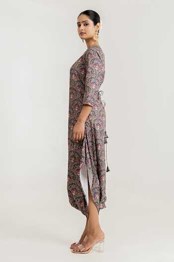 Pasha India_Black Botanica Print Dhoti Jumpsuit _Online_at_Aza_Fashions
