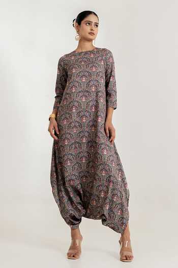 Shop_Pasha India_Black Botanica Print Dhoti Jumpsuit _Online_at_Aza_Fashions