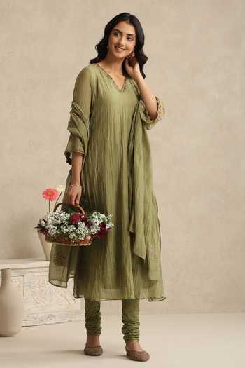 Weaver Story_Olive Green Chanderi V-neck, Yes Placement Embroidered Kurta Set _Online_at_Aza_Fashions