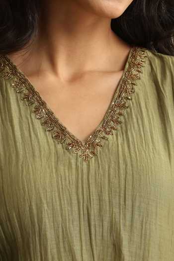 Shop_Weaver Story_Olive Green Chanderi V-neck, Yes Placement Embroidered Kurta Set _Online_at_Aza_Fashions