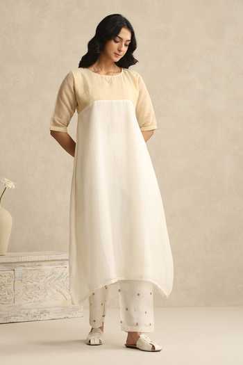 Buy_Weaver Story_Off White Chanderi Round Neck, Yes Kurta And Embroidered Pant Set _Online_at_Aza_Fashions