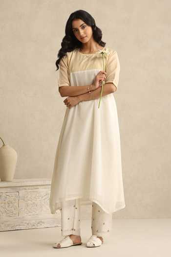 Shop_Weaver Story_Off White Chanderi Round Neck, Yes Kurta And Embroidered Pant Set _Online_at_Aza_Fashions