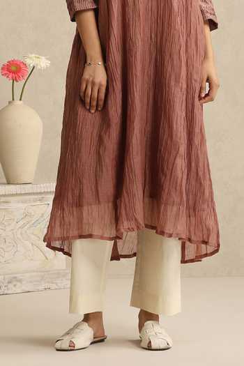 Weaver Story_Pink Chanderi Split V-neck Handloom Mul Kurta Set _Online_at_Aza_Fashions