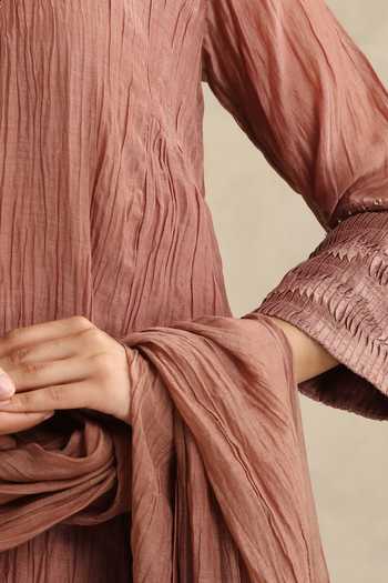 Shop_Weaver Story_Pink Chanderi Split V-neck Handloom Mul Kurta Set _Online_at_Aza_Fashions