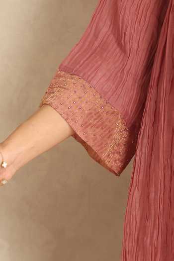 Buy_Weaver Story_Pink Chanderi Split V-neck Old Rose Kurta And Pant Set _Online_at_Aza_Fashions