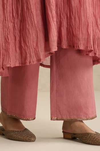 Shop_Weaver Story_Pink Chanderi Split V-neck Old Rose Kurta And Pant Set _Online_at_Aza_Fashions