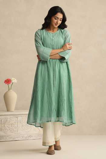 Shop_Weaver Story_Green Chanderi Round Neck Handloom Mul Kurta Set _Online_at_Aza_Fashions