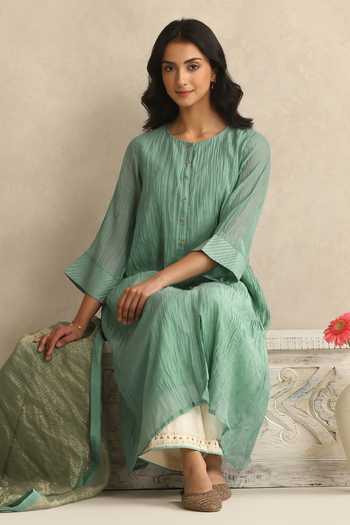 Weaver Story_Green Chanderi Round Neck Handloom Mul Kurta Set _at_Aza_Fashions