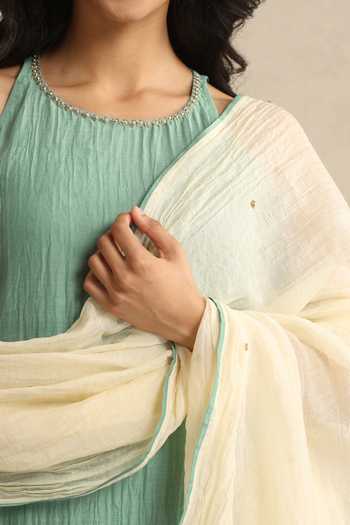 Weaver Story_Green Chanderi Round Neck Handloom Sleeveless Kurta Pant Set _at_Aza_Fashions