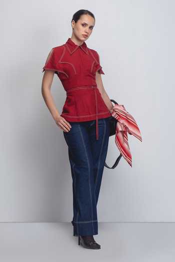 Shop_Leh Studios_Red Linen Collared Layered Flap Top 