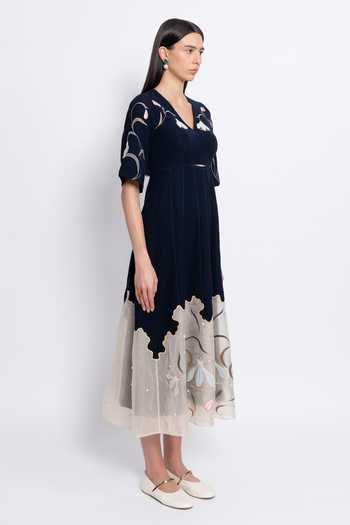 love, Kiki_Blue Crepe, Silk Organza, Shantoon V-neck Madhya Floral Embroidered Dress _Online_at_Aza_Fashions