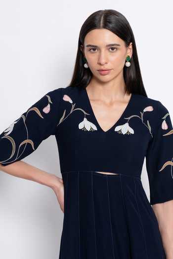 Buy_love, Kiki_Blue Crepe, Silk Organza, Shantoon V-neck Madhya Floral Embroidered Dress _Online_at_Aza_Fashions