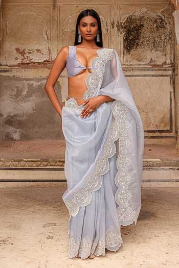 Buy_Charu Makkar_Blue Organza, Silk Ayesha Saree With Unstitched Blouse Piece 