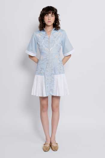 Shop_love, Kiki_Blue Cotton V-neck, Collared Nada Embroidered Short Shirt Dress 